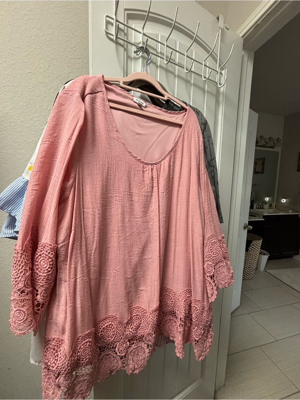 Women's Pink Crochet-Hem Peasant Top